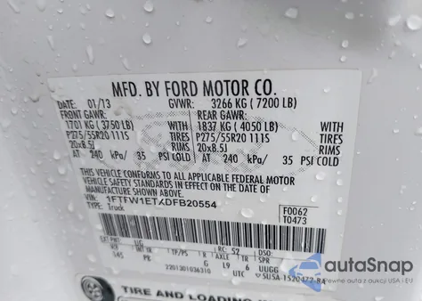 2013 Ford F-150 Platinum z USA, uszkodzony, nr VIN 1FTFW1ETXDFB20554